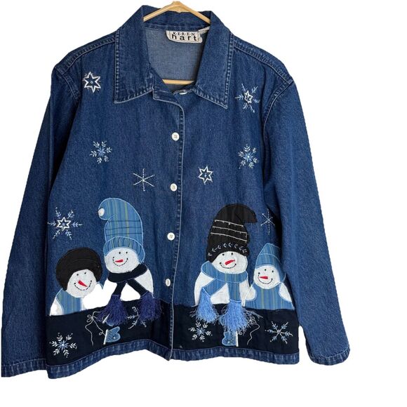 Vintage Karen Hart Womens Large Snowman Denim Jacket Winter GrandmaCore 90s - Picture 1 of 11